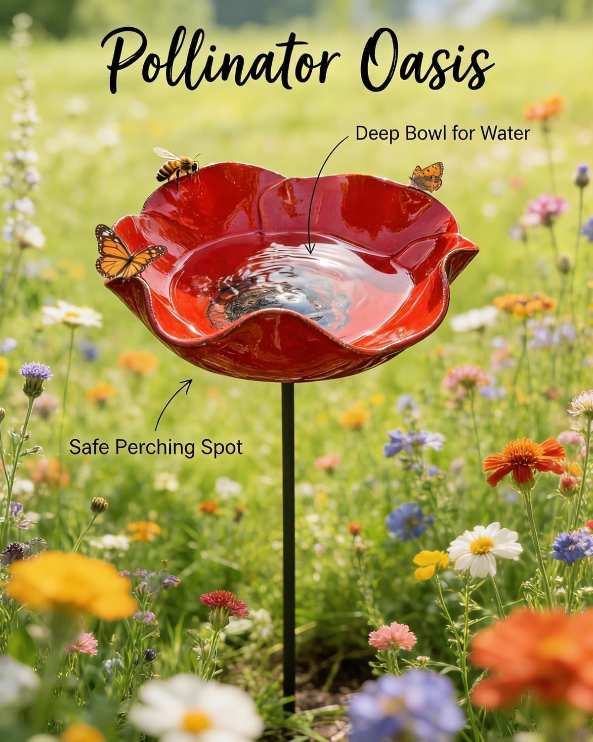 Handmade Metal Flower Garden Stake | 2-in-1 Bird Bath & Bee Watering Station -A0034