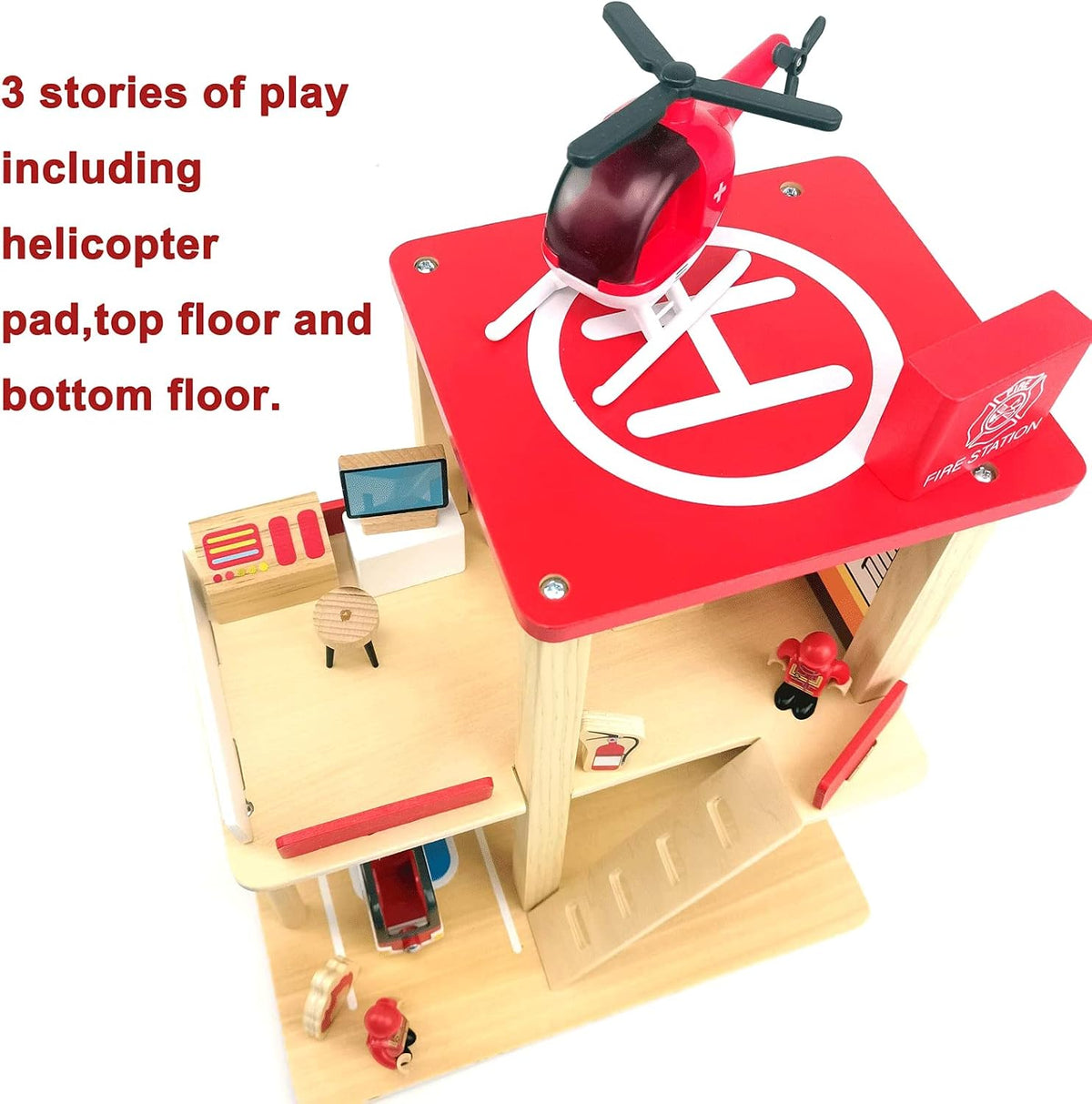 Wooden Fire Station Playset, Kids Pretend Play Dollhouse with Accessories