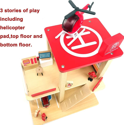 Wooden Fire Station Playset, Kids Pretend Play Dollhouse with Accessories