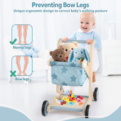 2 in 1 Wooden Baby Walker Push and Pull Doll Stroller (Blue)