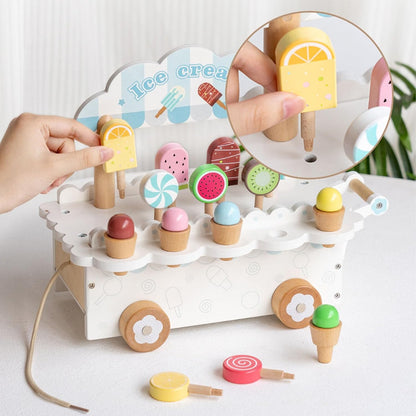 Wooden Ice Cream Cart Toy for Kids Ages 3-8, 14 Pcs