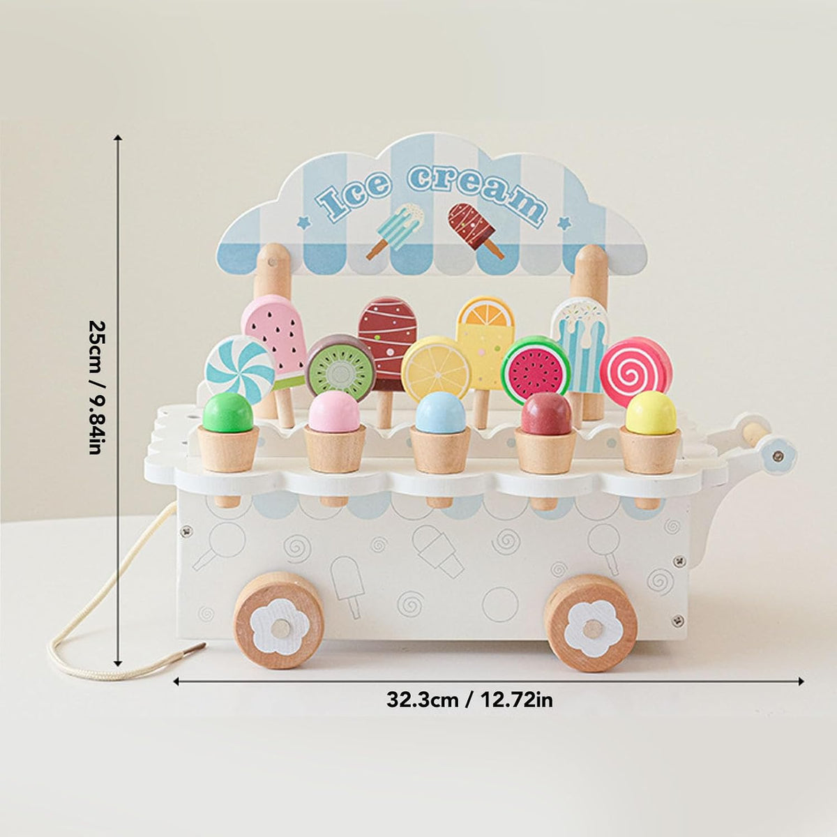 Wooden Ice Cream Cart Toy for Kids Ages 3-8, 14 Pcs