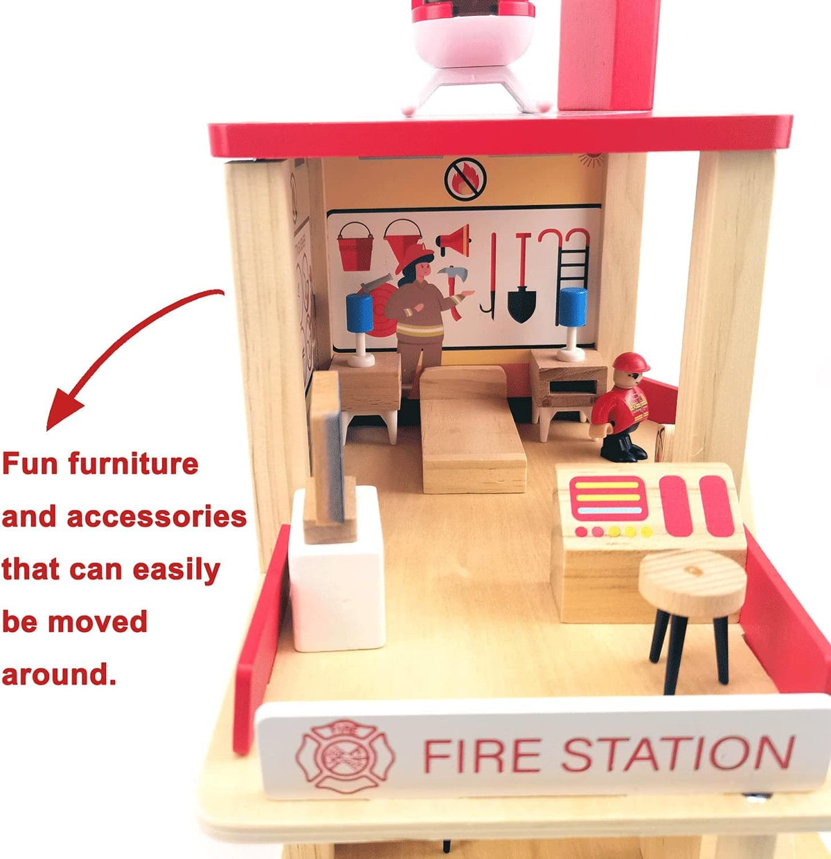 Wooden Fire Station Playset, Kids Pretend Play Dollhouse with Accessories