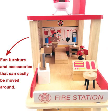 Wooden Fire Station Playset, Kids Pretend Play Dollhouse with Accessories