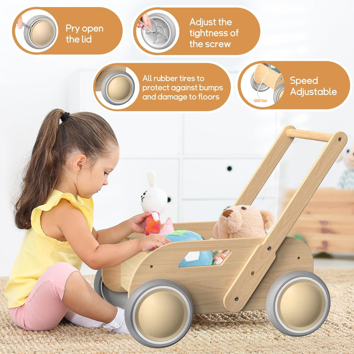 Wooden Baby Push Walker, Natural Wood Color