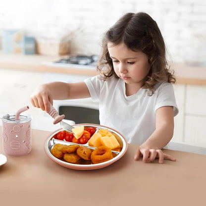 6-In-1 Stainless Steel Baby Feeding Set | Divided Suction Plate, Bowl, Sippy Cup with Straw, Bib, Spoon & Fork | Bpa-Free Toddler Feeding Essentials for Self-Feeding (Pink)