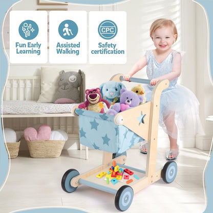 2 in 1 Wooden Baby Walker Push and Pull Doll Stroller (Blue)