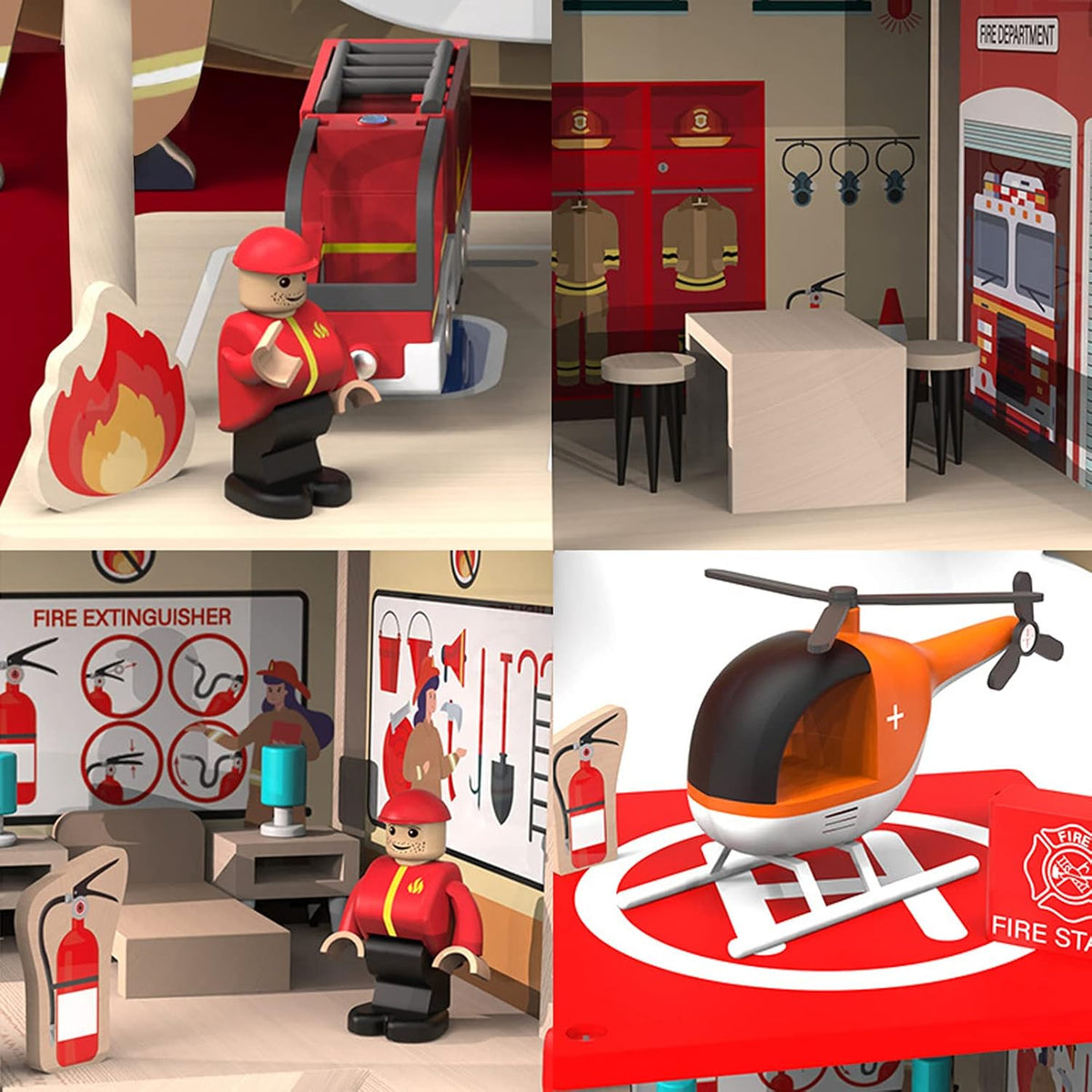 Wooden Fire Station Playset, Kids Pretend Play Dollhouse with Accessories