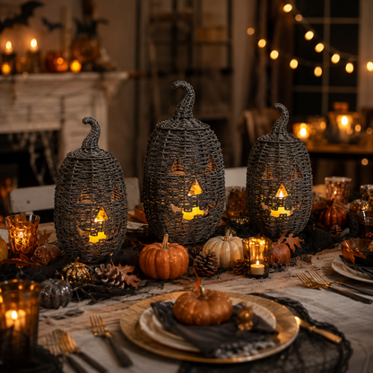 🔥Last Day 60% OFF🔥Rustic Wicker Pumpkin Candle Holder - Handwoven Jack-O’-Lantern Halloween Porch Decor