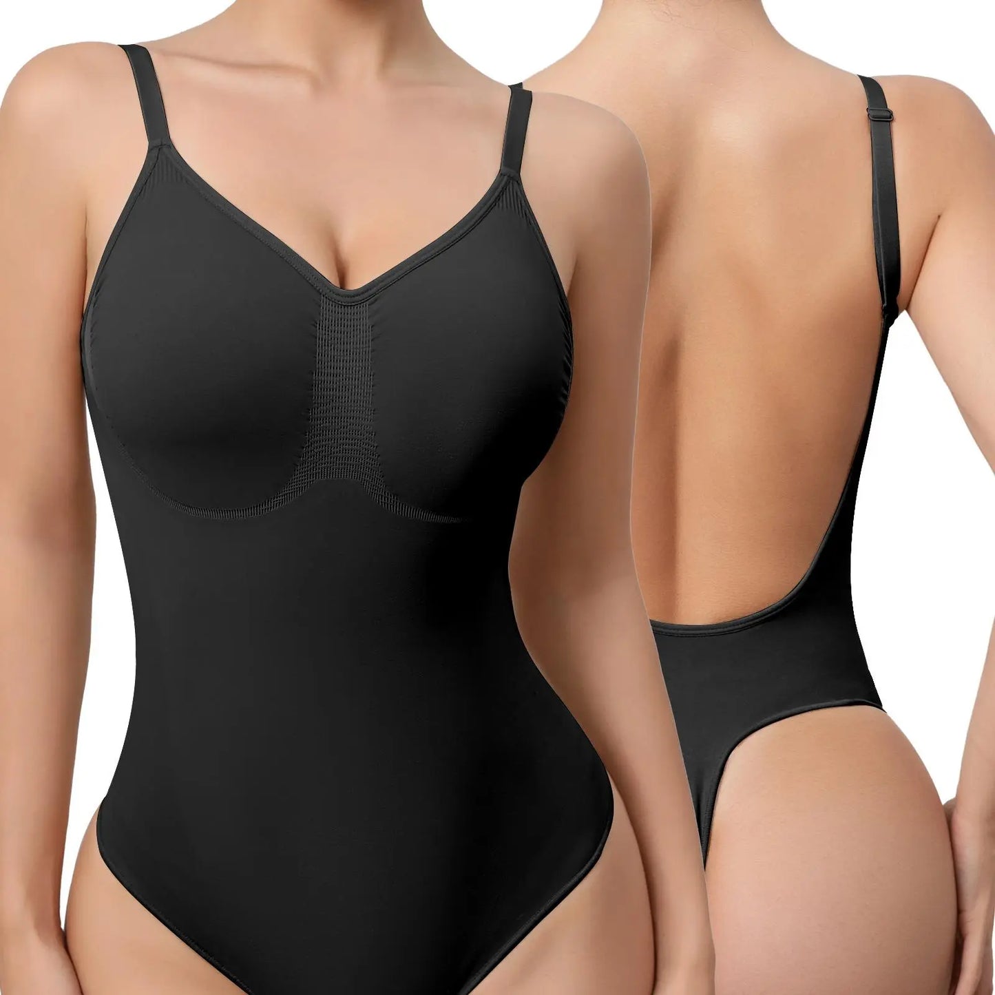 Mobeso Seamless Thong Bodysuit – Tummy Control Shapewear with V-Neck-A0018