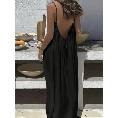 Women's Solid Color Cami Lounge Dress – Elegant Sleeveless Maxi Dress for Summer-A0022