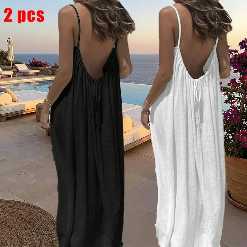 Women's Solid Color Cami Lounge Dress – Elegant Sleeveless Maxi Dress for Summer-A0022