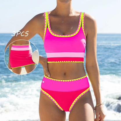 Popvil 3 Piece Bikini Set – Tummy Control High Waisted Swimsuit with Skirt Cover-Up-A0005