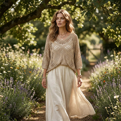 Hot Sale-Women's Boho Crochet Tops V Neck Hollow Out Knit Shirts