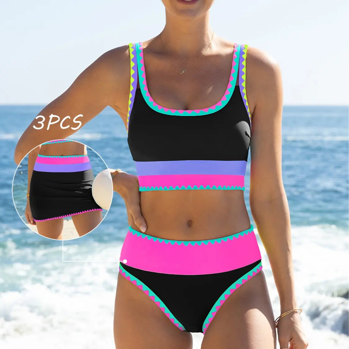 Popvil 3 Piece Bikini Set – Tummy Control High Waisted Swimsuit with Skirt Cover-Up-A0005