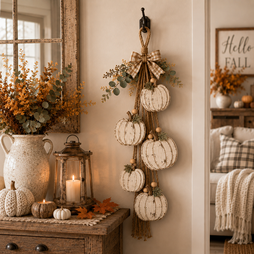 Rustic White Pumpkin Hanging Swag – 5-Pumpkin Fall Door & Wall Decoration for Farmhouse Autumn Decor