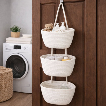 🧺Woven cotton 3-Tier Over the Door Basket, Wall-Mounted Jute Storage Organizer🔥