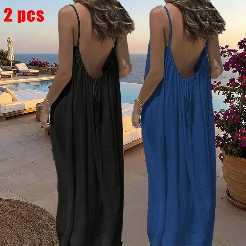 Women's Solid Color Cami Lounge Dress – Elegant Sleeveless Maxi Dress for Summer-A0022