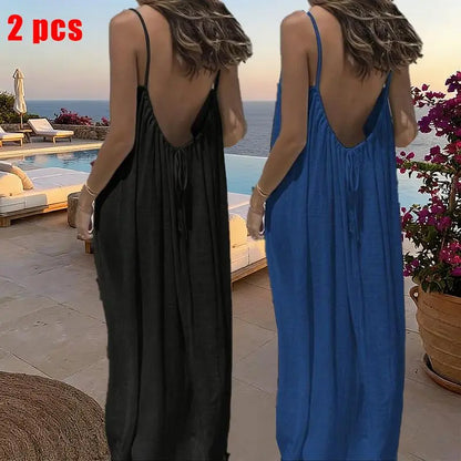 Women's Solid Color Cami Lounge Dress – Elegant Sleeveless Maxi Dress for Summer-A0022