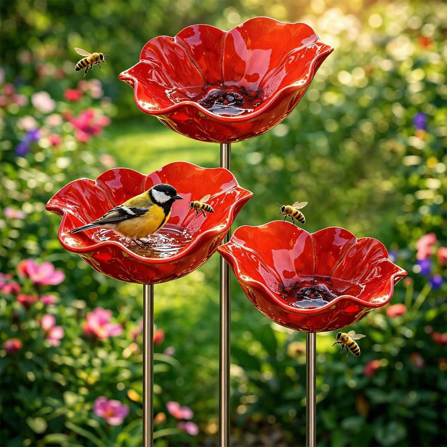 Handmade Metal Flower Garden Stake | 2-in-1 Bird Bath & Bee Watering Station -A0034