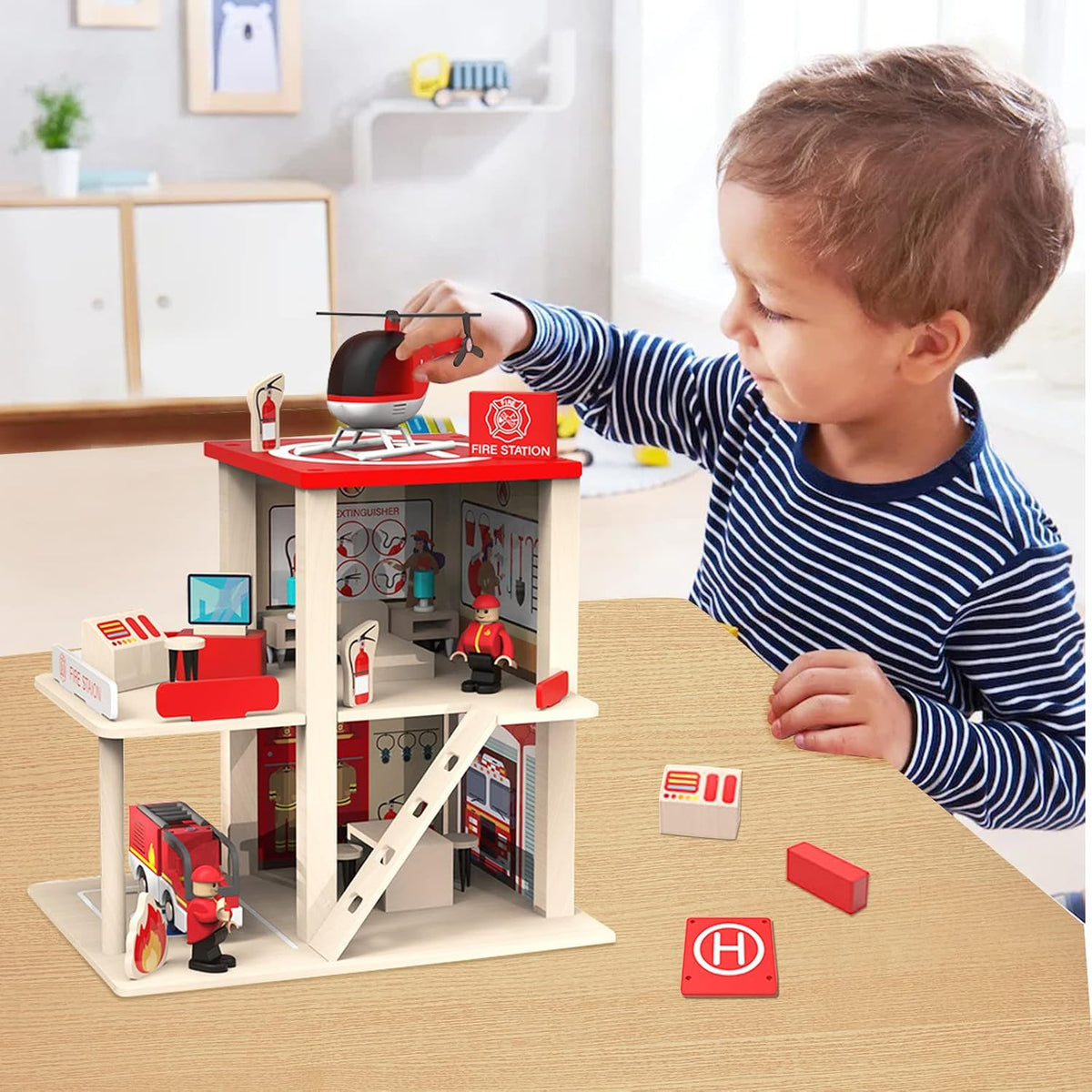 Wooden Fire Station Playset, Kids Pretend Play Dollhouse with Accessories