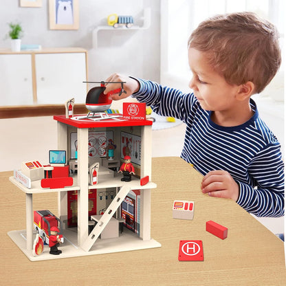 Wooden Fire Station Playset, Kids Pretend Play Dollhouse with Accessories