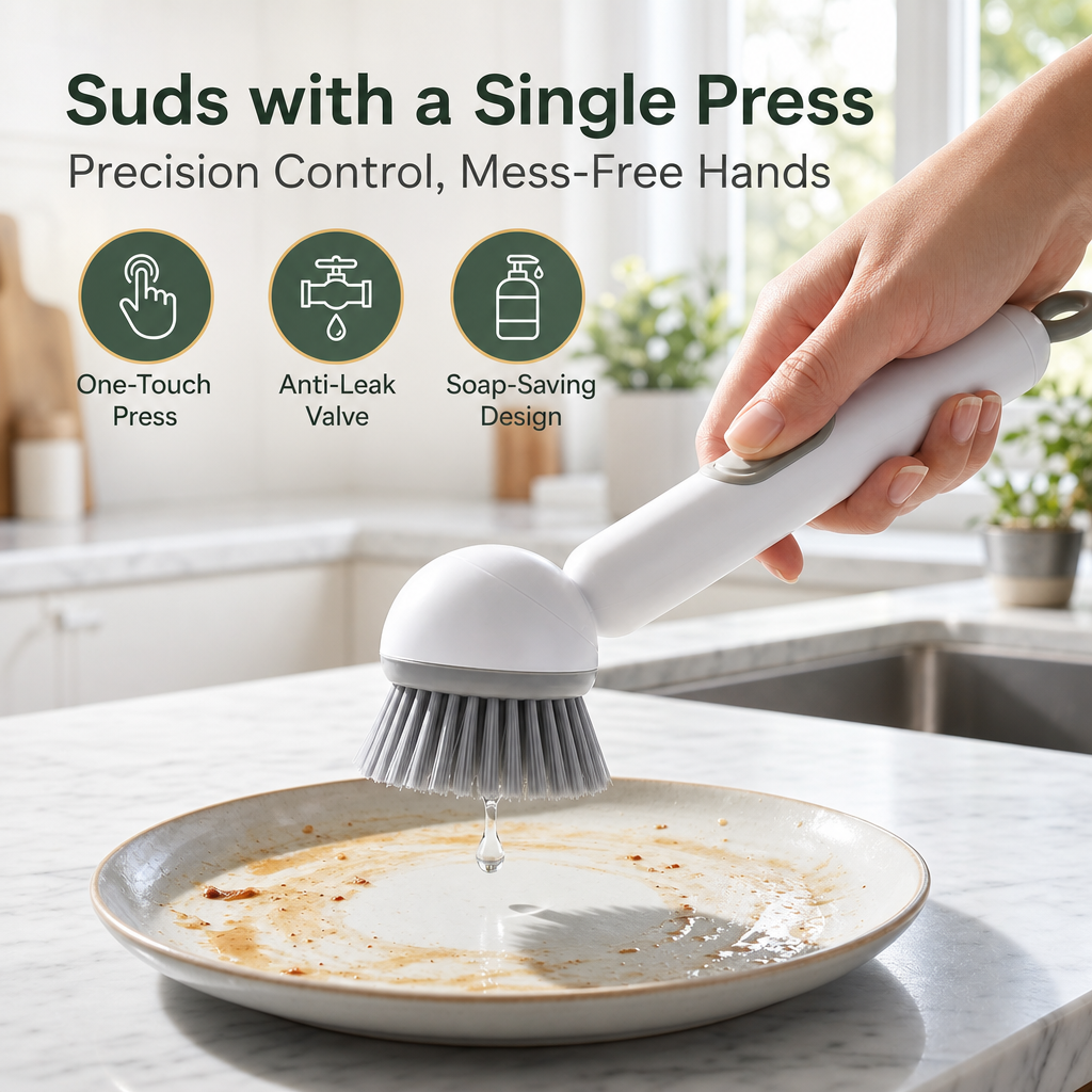 360° Rotating Soap Dispensing Dish Brush with Interchangeable Heads