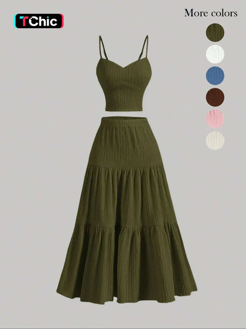 Women's Solid Crop Cami Top & A-Line Skirt Two-Piece Set – Casual Summer Outfit-A0019