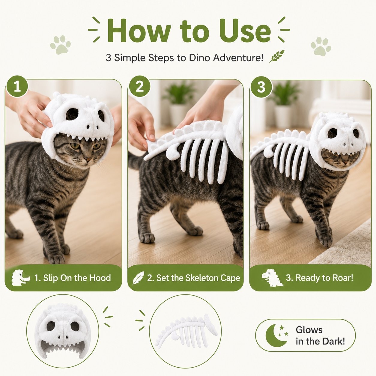 🎉🦖 Glow-in-the-Dark Dinosaur Skeleton Cat Costume — Let Your Kitty Roar at Night! ✨