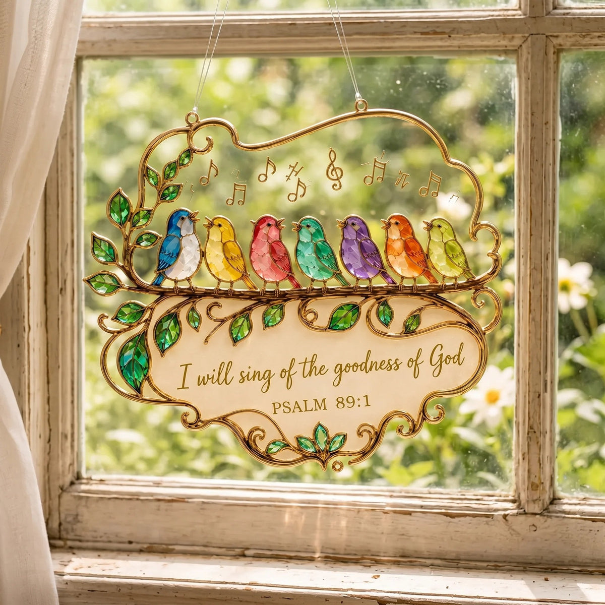 🎵 Psalm 89:1 Songbird Window Suncatcher | Faith Decor with Colorful Birds & Scripture 🕊️✨