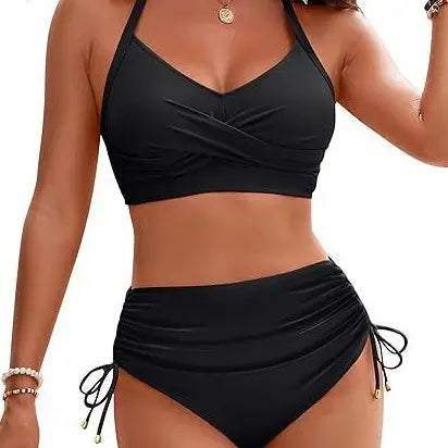 High-Waisted Tummy Control Bikini Set – Crisscross Tie-Back Swimsuit-A0008