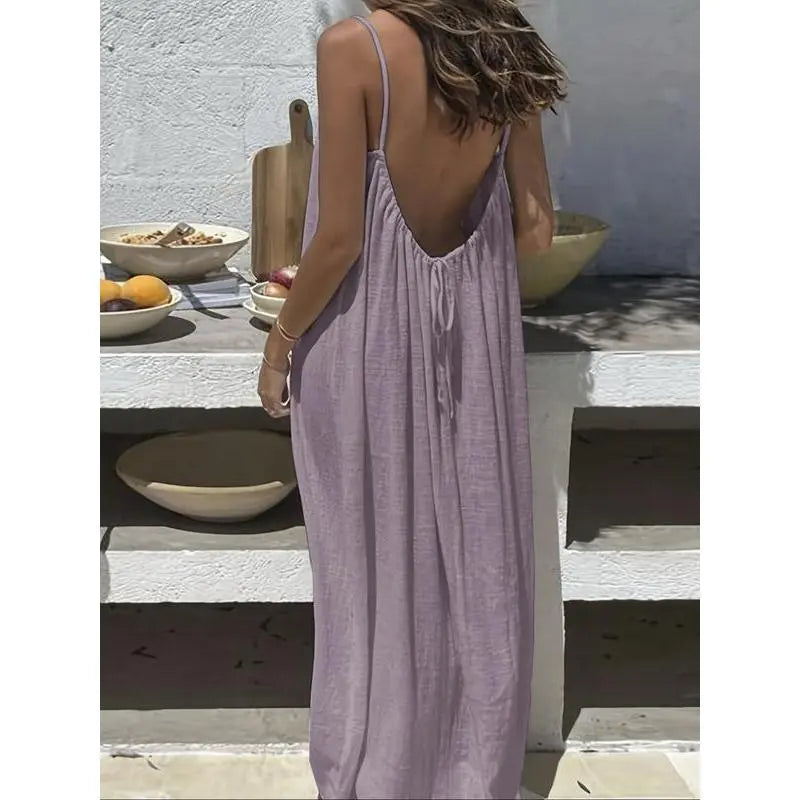 Women's Solid Color Cami Lounge Dress – Elegant Sleeveless Maxi Dress for Summer-A0022