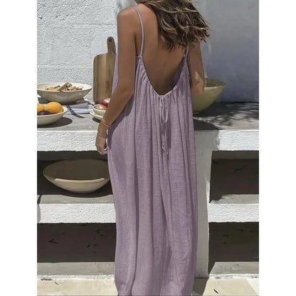 Women's Solid Color Cami Lounge Dress – Elegant Sleeveless Maxi Dress for Summer-A0022
