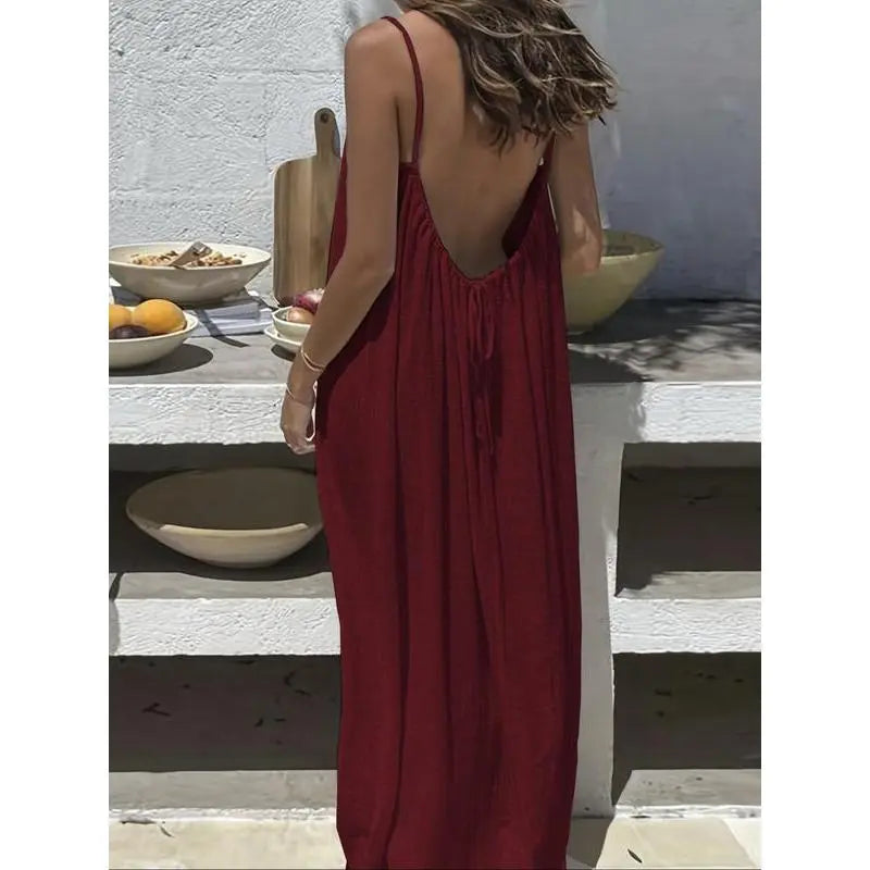 Women's Solid Color Cami Lounge Dress – Elegant Sleeveless Maxi Dress for Summer-A0022