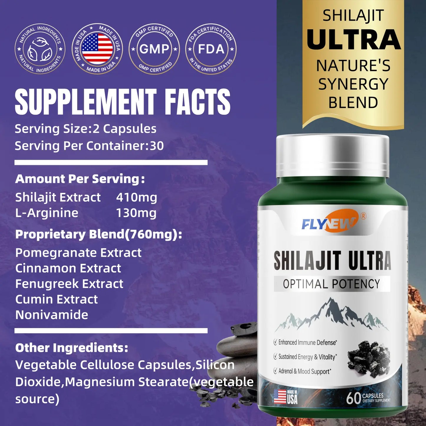 FLYNEW Shilajit Capsules – Pure Himalayan Resin with 85+ Trace Minerals -A0031