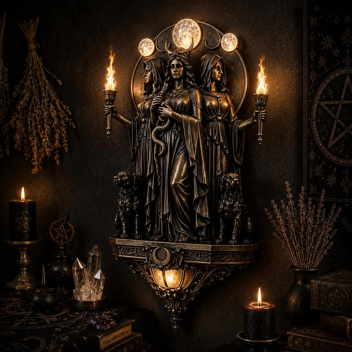 🔥 Hecate Triple Goddess LED Wall Sconce – Mystical Torch Wall Light🌙