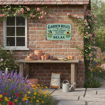 Vintage "Garden Rules" Metal Sign - Relaxing Botanical Outdoor Decor