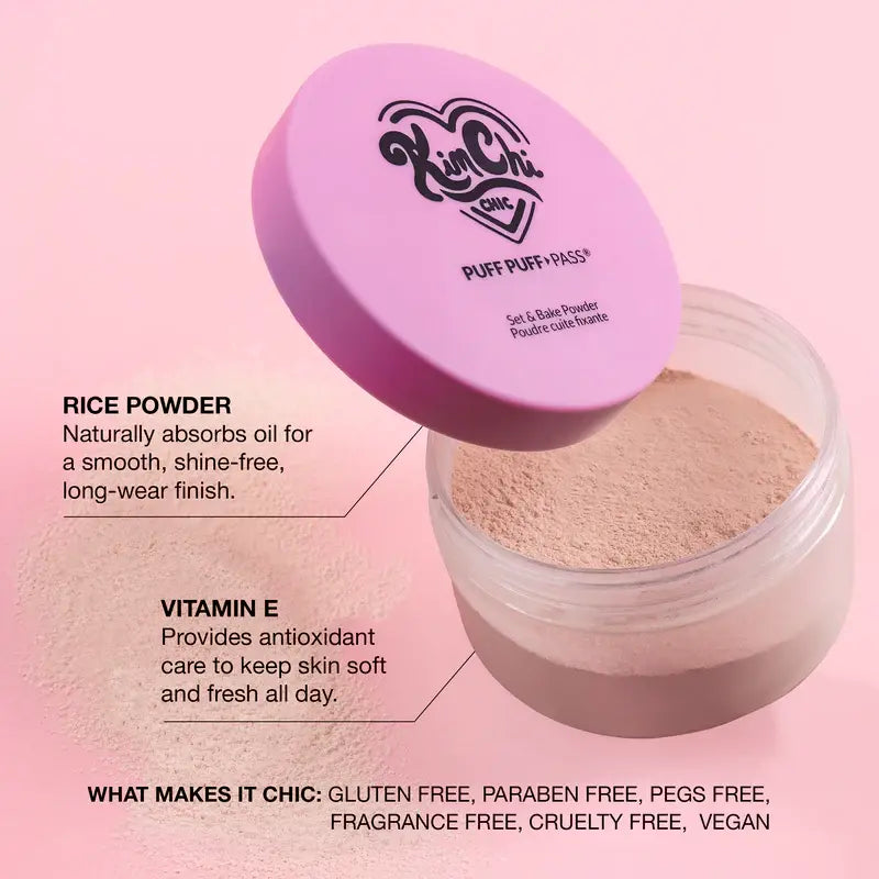 KimChi Chic Puff Puff Pass Set & Bake Powder 24g | Rice Powder & Vitamin-E | Lightweight Translucent Setting Powder | 10 Shades