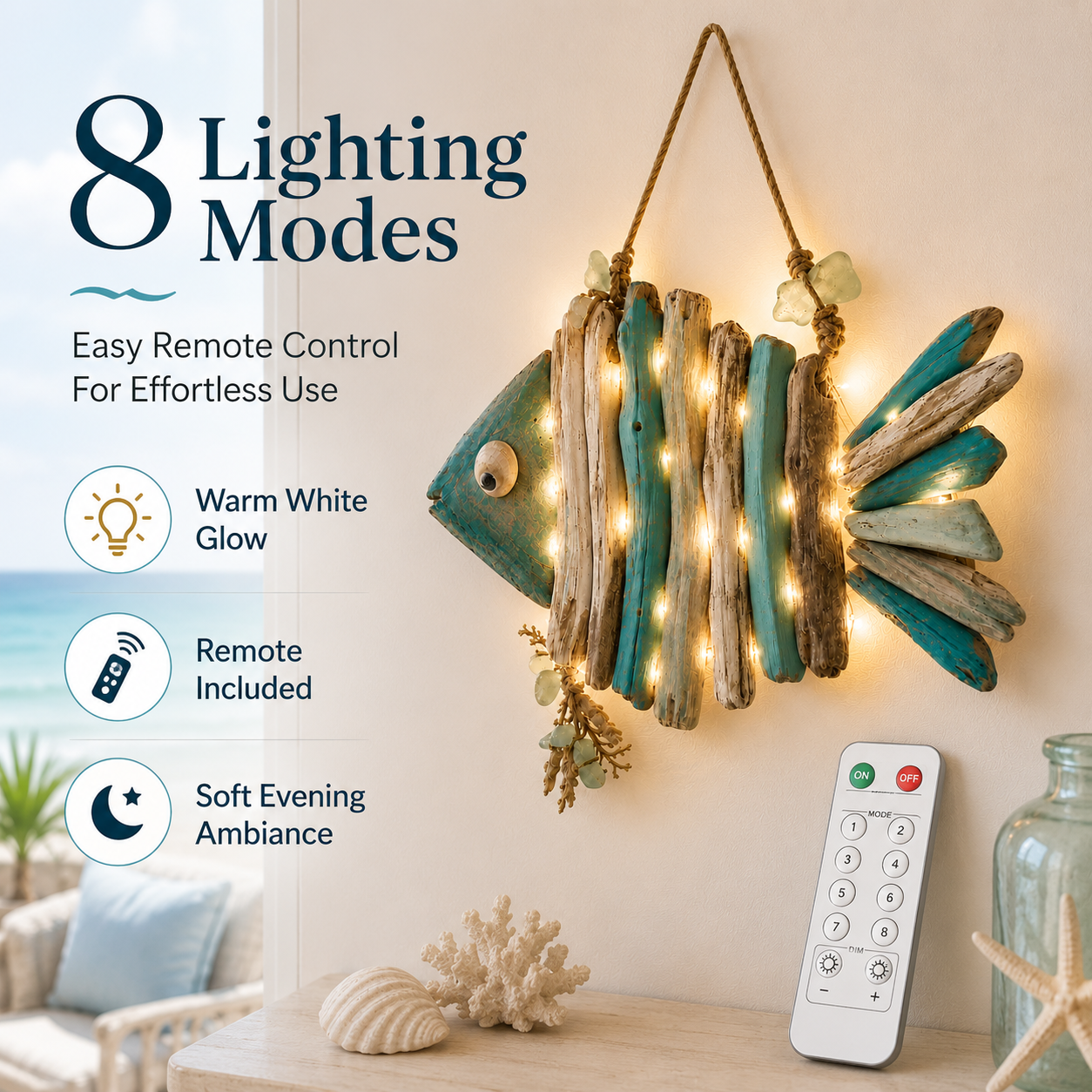 🌊 Lighted Coastal Fish Wall Decor | Driftwood LED Art with Remote & 8 Modes