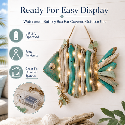 🌊 Lighted Coastal Fish Wall Decor | Driftwood LED Art with Remote & 8 Modes
