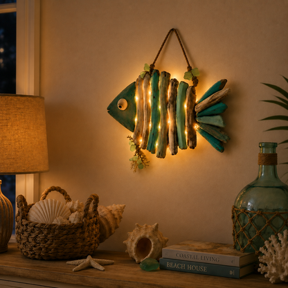 🌊 Lighted Coastal Fish Wall Decor | Driftwood LED Art with Remote & 8 Modes