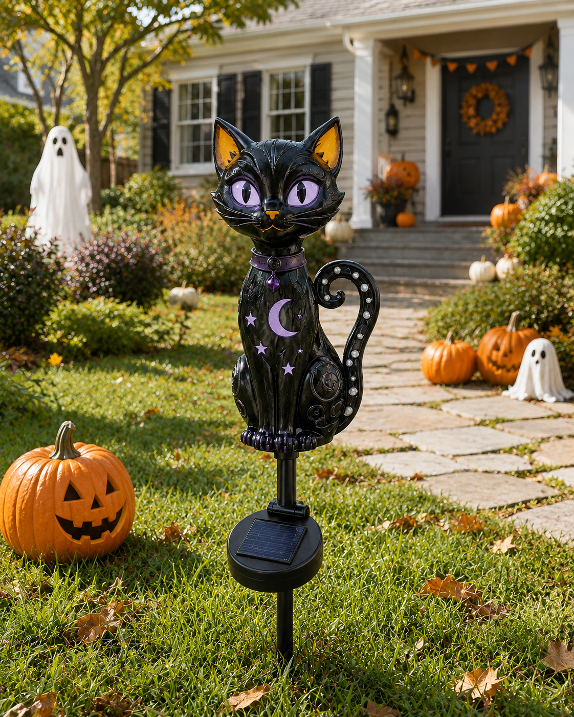🔥 Get Ready for Spooky Season 🎃 Solar Black Cat Purple Glow Outdoor Garden Stake Light 💜✨