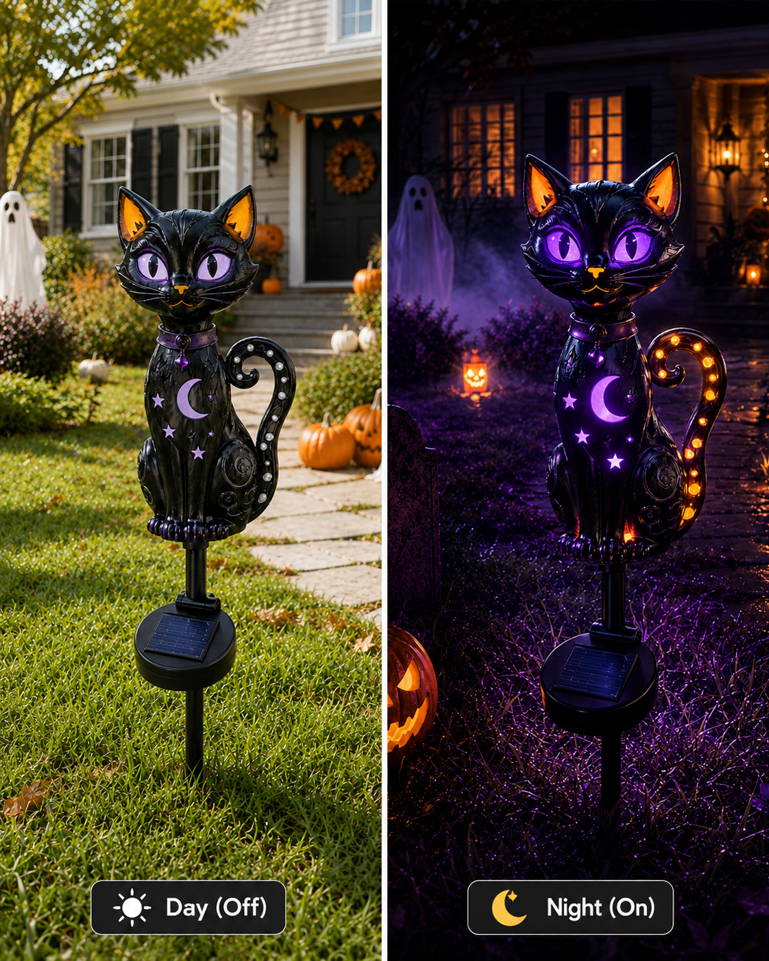 🔥 Get Ready for Spooky Season 🎃 Solar Black Cat Purple Glow Outdoor Garden Stake Light 💜✨