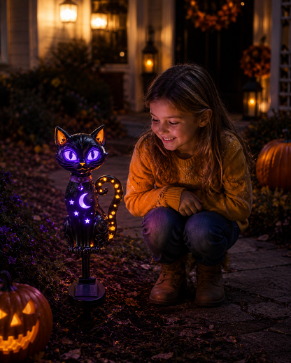 🔥 Get Ready for Spooky Season 🎃 Solar Black Cat Purple Glow Outdoor Garden Stake Light 💜✨