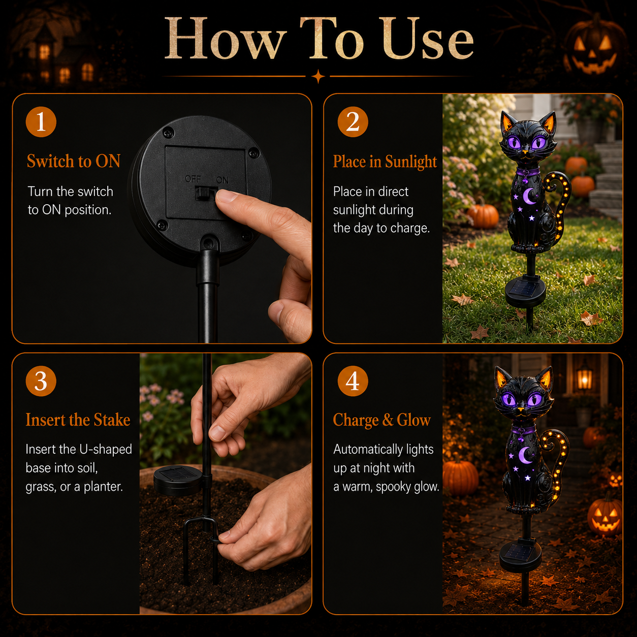 🔥 Get Ready for Spooky Season 🎃 Solar Black Cat Purple Glow Outdoor Garden Stake Light 💜✨