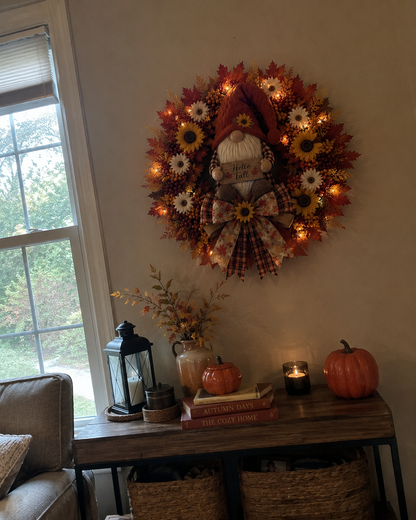 🍂Lighted Fall Gnome Wreath with Remote Control – Cozy Autumn Door & Window Decor