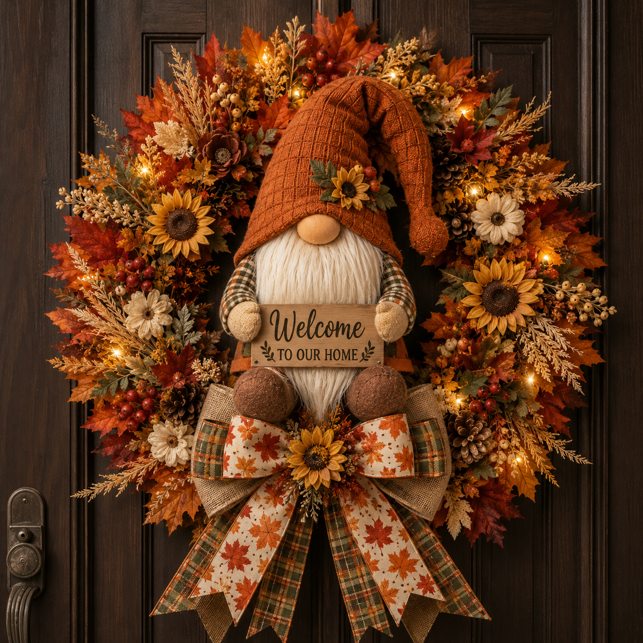 🍂Lighted Fall Gnome Wreath with Remote Control – Cozy Autumn Door & Window Decor