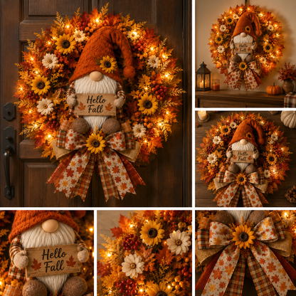 🍂Lighted Fall Gnome Wreath with Remote Control – Cozy Autumn Door & Window Decor