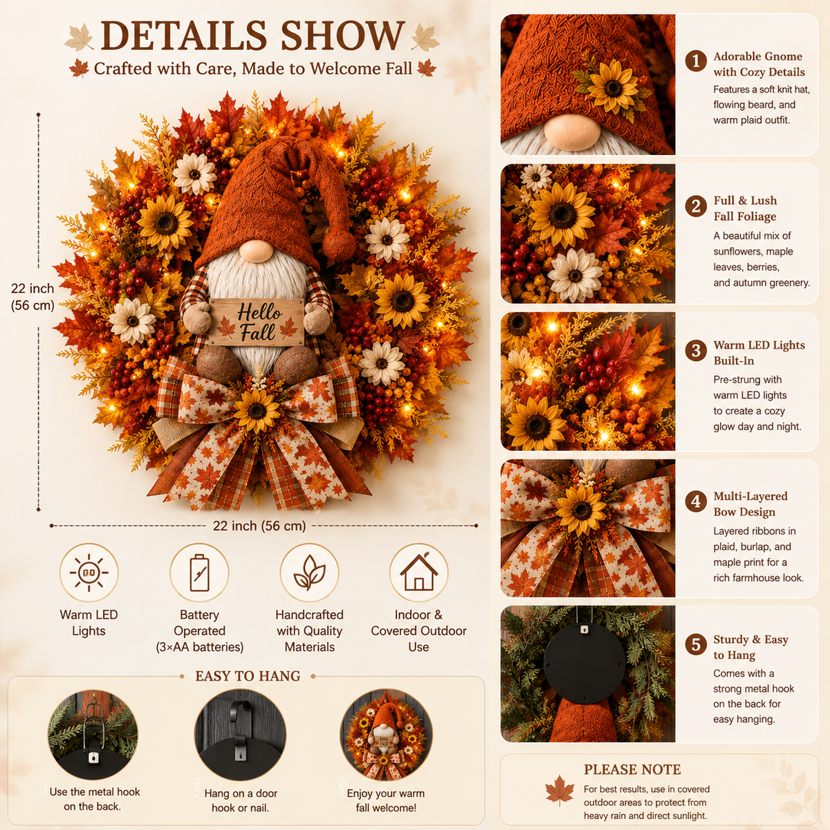 🍂Lighted Fall Gnome Wreath with Remote Control – Cozy Autumn Door & Window Decor