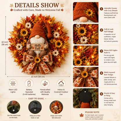 🍂Lighted Fall Gnome Wreath with Remote Control – Cozy Autumn Door & Window Decor